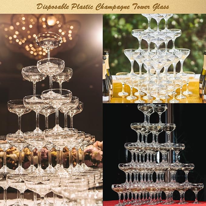 Potchen 100 Pcs Plastic Champagne Party Glasses 5 oz Clear Disposable Champagne Glasses Stackable Acrylic Martini Flutes Unbreakable Margarita Coupe for Wedding Birthday Party Bar(Classic)