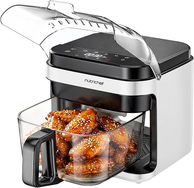 NutriChef 5.8 Quart Air Fryer | Glass Airfryer with 8-in-1 Digital Presets | Stainless Steel Fryer Design | Glass Fry Bowl with Flip-Up Safety Shield | Compact Air-Fryer for Even Cooking | White