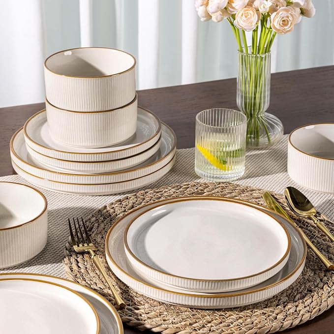 GBHOME 18-Piece Stoneware Dinnerware Set for 6 – Ribbed Ceramic Plates and Bowls, Scratch-Resistant, Microwave & Dishwasher Safe, Reactive Glaze, White with Honey-Brown Edge