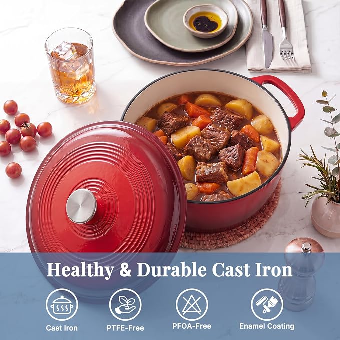 DUMOS Cast Iron Dutch Oven, 6 Quart Pot with Lid, Enameled Heavy Duty Cookware, Oven Safe to 500°F, Perfect for Bread Baking, Braising, Stews and Roasting, Moisture Sealing Lid with Dual Handles, Gradient Red