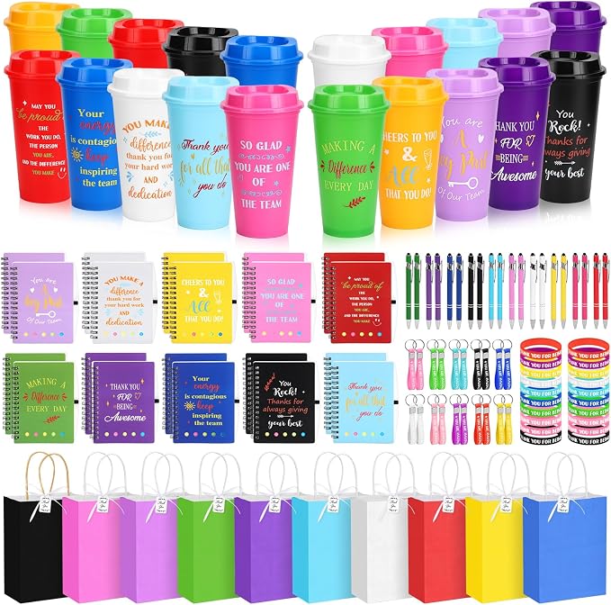 141Pcs/20Set Employee Appreciation Gift Bulk Inspirational Thank You Gift with 16oz Plastic Tumblers Notebooks Pen Silicone Bracelets Keychain for Christmas Team Staff Teacher Nurse Coworker Volunteer