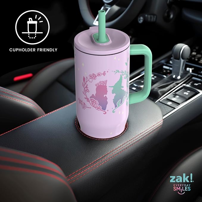 Zak Designs Wicked: For Good Sutton Travel Tumbler for On the Go, 30oz Stainless Steel with Vacuum Insulation, Silicone Straw, and Carry Handle for Cold Drinks (Glinda and Elphaba)
