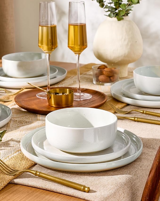 Famiware Milkyway 12-Piece Stoneware Dinnerware Set for 4, Plates and Bowls, Scratch Resistant, Microwave & Dishwasher Safe, White
