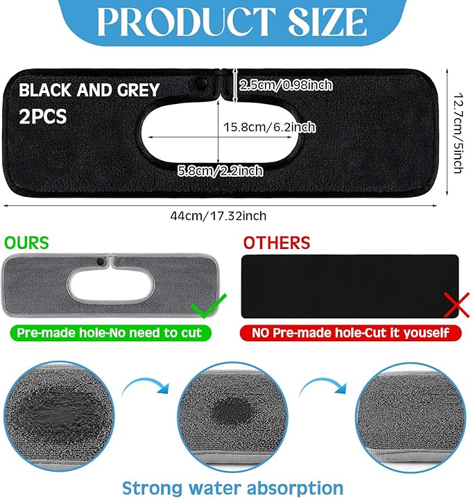 Teenyyou 2 Pcs Faucet Mat for Kitchen Sink Splash Guard for Kitchen Sink Faucet Dish Drying Mat for Bathroom Sponge Holder (Gray and Black,1 Oval Hole)
