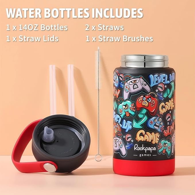 rockpapa Kids Lunch Box Set with 14oz Insulated Water Bottle & Lunch Bag, Leakproof 5.5 Cups Bento Box for School & Children, BPA-Free, Microwave Safe for Boys Girls (Black Games)