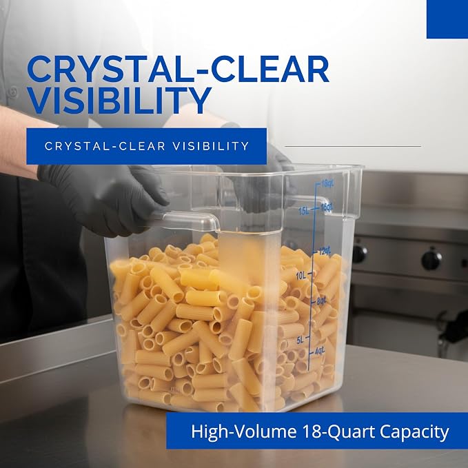 FSE 373-FC18C Food Container, 18 Qt Square Clear Storage Container with Measurement Markings, Stackable Space-Saving Design, Durable Construction, NSF, Lid Sold Separately
