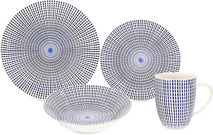 Tudor Royal Collection 12-Piece Round Dinnerware Set, Service for 4, Singapore Design, Blue Spiral, Plates Bowls Dishes, High-Gloss Premium Quality