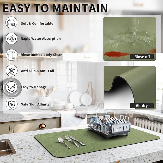 HotLive Dish Drying Mat for Kitchen Counter, Heat Resistant Drainer Mats with Non-slip Rubber Backed, Hide Stain Kitchen Super Absorbent Draining Mat, Easy to Clean Dish Rack Pad, Green 16"x20"