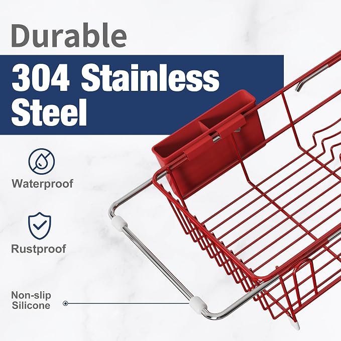 JASIWAY Red Dish Drying Rack in Sink, Expandable Stainless Steel Dish Drainers with Drainboard for Kitchen Counter, Space Saving Dish Dryer Rack, Over The Sink Dish Racks with Utensil Holder