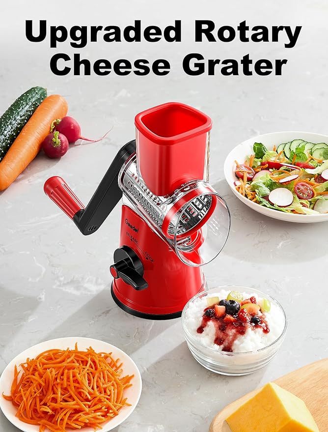 Geedel Rotary Cheese Grater Cheese Shredder - Upgraded 6-in-1 Cheese Grater with Handle and Strong Suction Base, Multi-purpose Vegetable Slicer Ice Shaver Nuts Grinder for Ice, Vegetables, Fruit