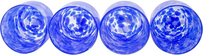 Stephanie Imports Set of 4 Handcrafted Double Old-Fashioned Confetti Drinking Glasses (12 oz) (Ocean Blue & White)