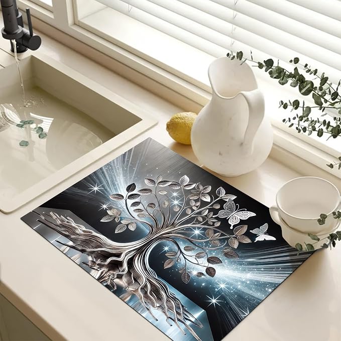 HOMETITUTE Tree Butterfly Stove Top Cover for Electric Stove Diatomite Dish Drying Mat Floral Embossed Kitchen Protector 28x20 Inch Heat Resistant Pad Coffee Station Mat