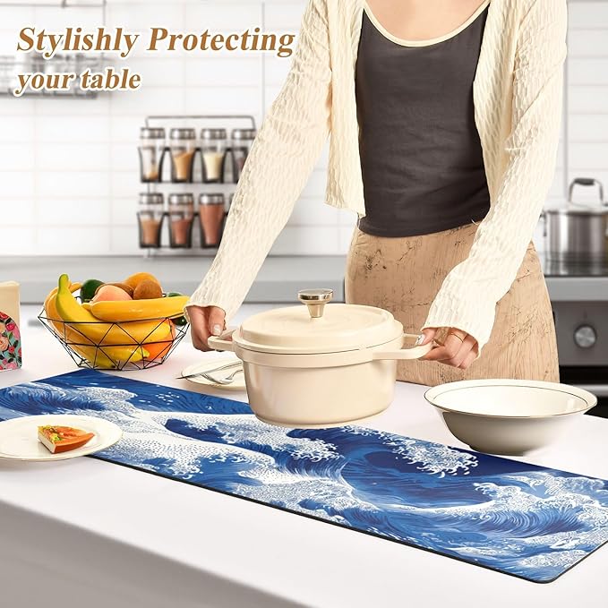 2 in 1 Table Runner Trivet for Hot Pots and Pans Heat Resistant Non Slip Waterproof 39 x 12 Inch Decorative Table Protector for Kitchen Countertop Japanese Deep Blue Sea Waves