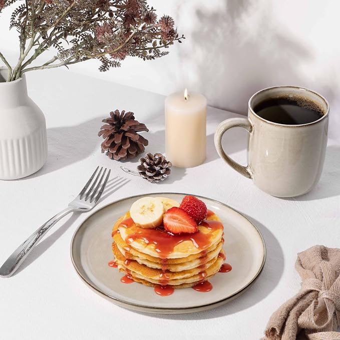 Herogo Stoneware Plates and Bowls Sets for 6, 18 Pieces Modern Round Dinnerware, Reactive Glaze Dishes Set for Kitchen, Chip Resistant, Microwave & Dishwasher Safe, Cream Khaki