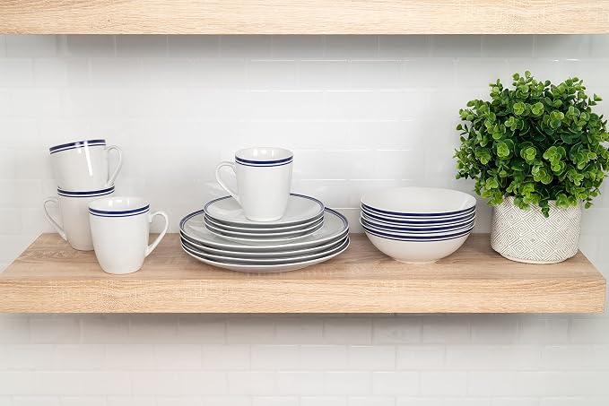 10 Strawberry Street Café Stripe 16 Piece Coupe Dinnerware Set, Blue