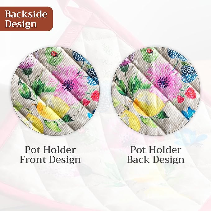 Maison d' Hermine Pot Holders 100% Cotton Heat Resistant Potholders 8" x 8" Hot Pads with Loop BBQ Cooking Gifts for Mothers Day Handling Hot Pans Spring/Summer (Pack of 2, Jardin D'Ete - Fog)