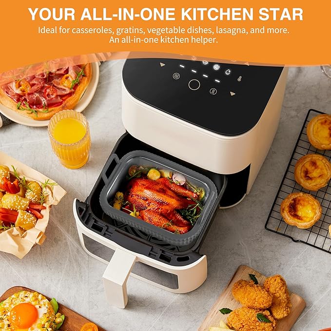 Air Fryer Glass Liner Reusable, Air Fryer Liners Silicone with Removable Silicone Ring for Ninja Dual Basket, Cosori, Philips, BPA-Free, Heat Resistant, Dishwasher Safe