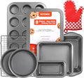 8-Piece Baking Pans Set, Non-stick Bakeware Sets Non-Toxic Baking Sheet Sets for Cooking, Include Round＆Square Cake Pan,Bread Pan,Muffin Pan, Cookie Sheet,Cooling Rack,with Baking Glove,Black