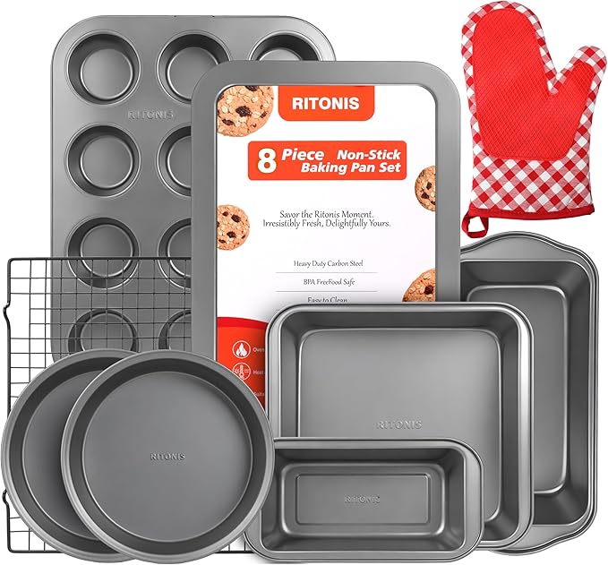 8-Piece Baking Pans Set, Non-stick Bakeware Sets Non-Toxic Baking Sheet Sets for Cooking, Include Round＆Square Cake Pan,Bread Pan,Muffin Pan, Cookie Sheet,Cooling Rack,with Baking Glove,Black