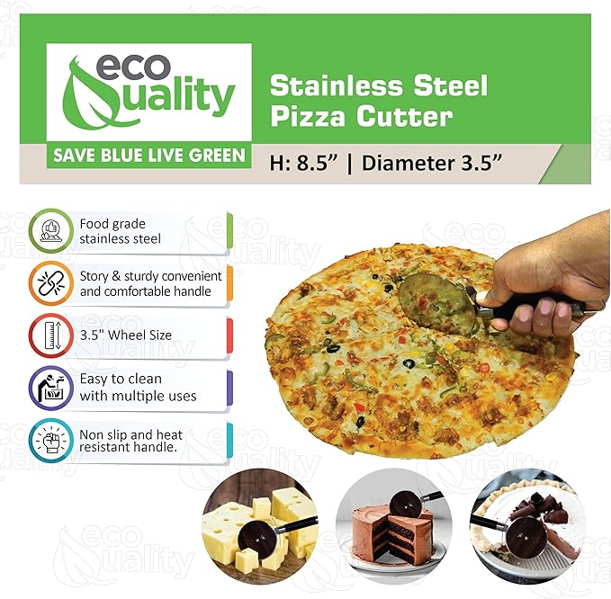 EcoQuality Stainless Steel Pizza Cutter Wheel with Sharp Blade for Cutting Pies, Pizza, Crusts Built in Finger Guard for Safety, Comfortable Grip, Dishwasher Safe - 8.5inch (12)