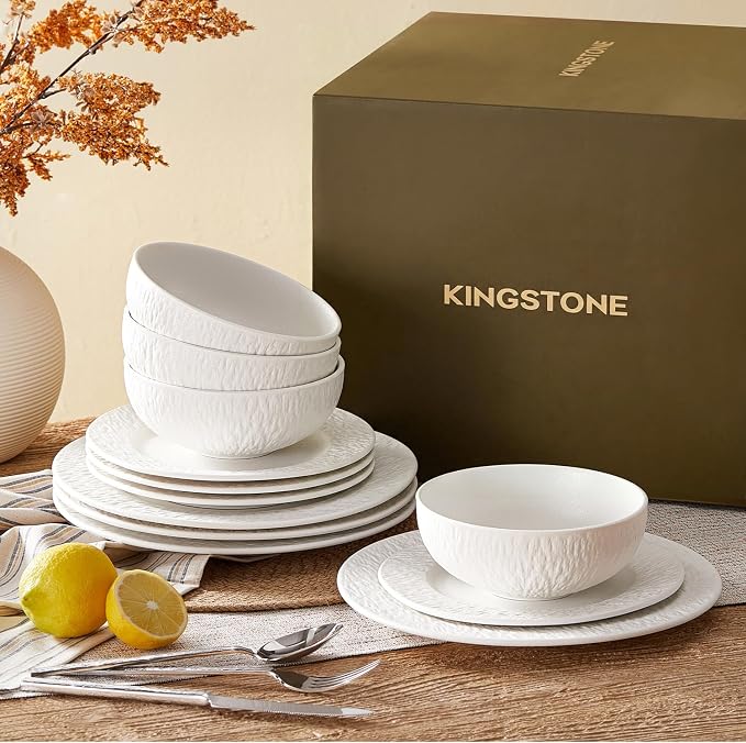 KINGSTONE Dinnerware Sets, 12-Piece Matte Marble Pattern Premium Porcelain dishes set, Plates and Bowls Sets for 4, Place Setting with Dinner Plate, Salad Plate, Pasta Bowl (White)