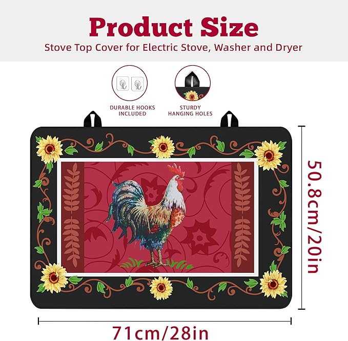Farmhouse Rooster Stove Top Covers for Electric Stove 20x28 Inch Farmhouse Heat Resistant Glass Top Stove Cover Washable Foldable Cooktop Protector