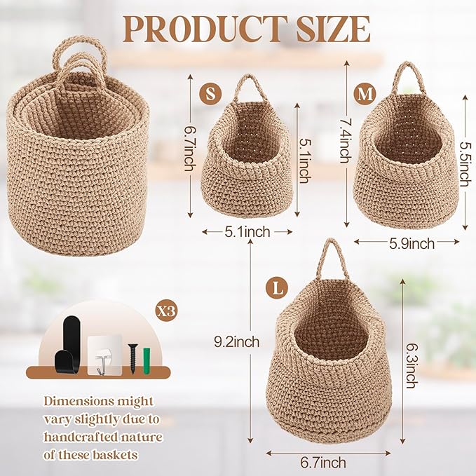 Honeydak Boho Decor Hanging Wall Baskets for Kitchen 3 Pack Teardrop Baskets with Hooks Storage Fruit Onion Vegetable Potato for Home 3 Sizes(Light Linen,Barrel,Cotton Rope)