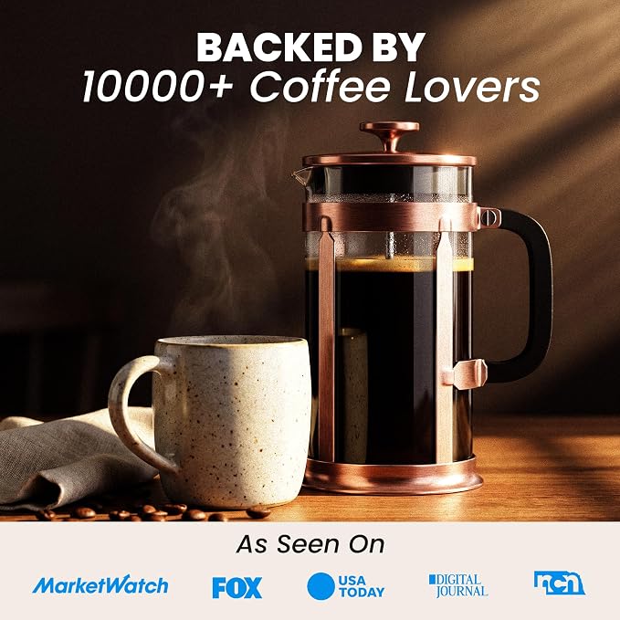 EzDtach Glass French Press Coffee Maker 34oz Copper – Double Filter Borosilicate Glass Pot with 304 Stainless Steel Coffee Press and 2 Extra Screen, Easy to Use and Clean Design for Full-Bodied Flavor