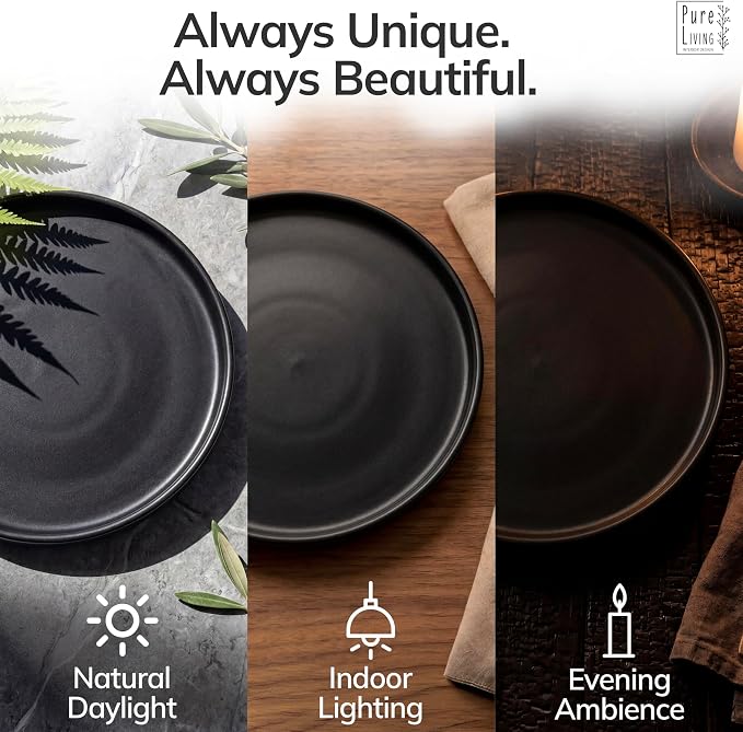 16 Piece Black Dinnerware Set for 4 | Matte Black Plates and Bowls Sets, Modern Stoneware Black Dishes Set | Scratch Resistant, Dishwasher & Microwave Safe | Matte Black Finish Ultra-Chic & Modern