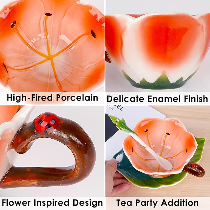 Lily Flower Tea Cup and Saucer Set 6 Oz, Enamel Flower Porcelain Coffee Cup Saucer Set with Spoon for Women, Hand Crafted Tea Set (Clivia Lily)