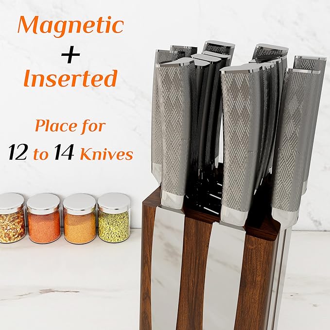Brosisincorp 360° Rotating Magnetic Knife Block without Knives - Universal Holder for Counter Top with Removable Bristles, Acacia Wood