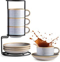 Gomakren 6 Ounce Cappuccino Cups with Saucers and Metal Stand, Stackable Coffee Cup Set of 4, Father's Day Porcelain Espresso Cups for Coffee Drinks, Cappuccino, Latte, Americano, Tea, Gray