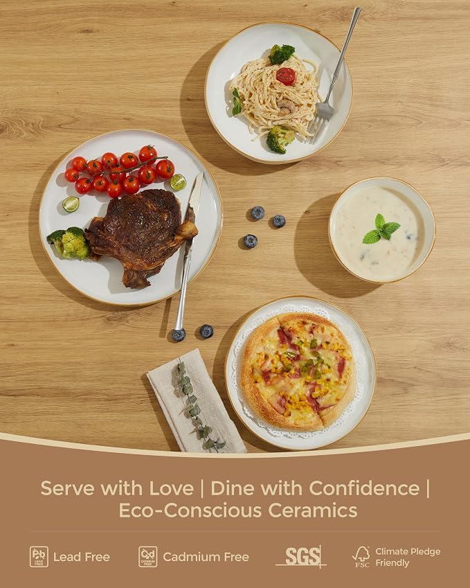 Pokini 24 Pieces Dinnerware Set for 6 with Pasta Bowls, Complete Ceramic Dish Set, Stackable & Glossy Stoneware Plate and Bowl Set for Effortless Everyday Hosting, White