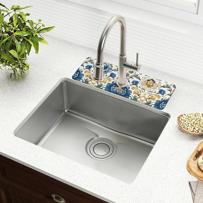 Kitchen Sink Splash Guard 1 PC 30 Inch Sink Faucet Mat Splash Guard for Bathroom Countertop Water Absorbent Foldable Cuttable Soft Washable Royal Floral Blue and Yellow Tile