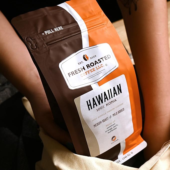 Fresh Roasted Coffee, 100% Hawaiian Kona Whole Bean Coffee, Medium Roast, Kosher, 12 oz