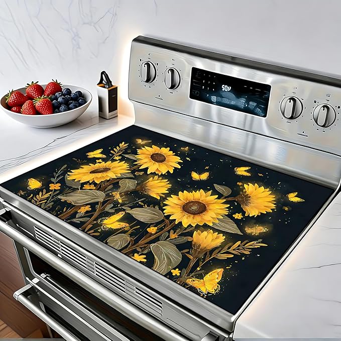 Decorative Sunflower Stove Cover Mat for Electric and Glass Stovetops, Heat-Resistant Countertop Protector with Floral and Butterfly Waterproof Anti-Slip Kitchen Surface(28×20 Inches) (Sunflower)