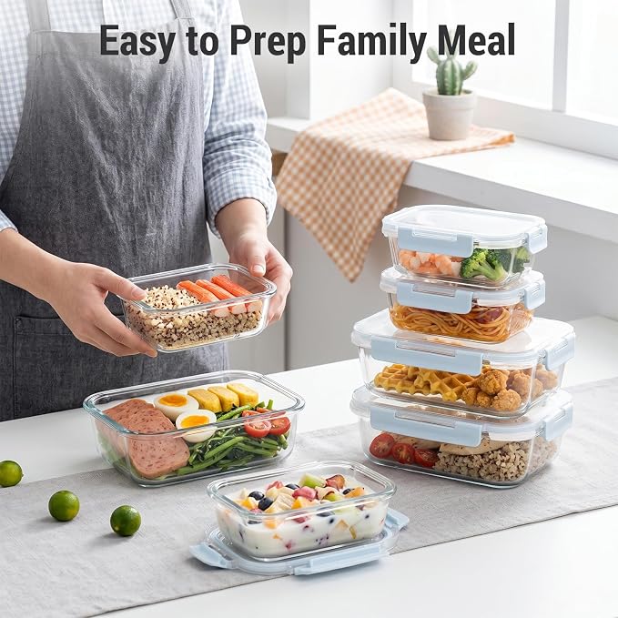 Dealusy 10 Sets (20-Piece) 36 oz & 12 oz Glass Food Storage Containers with lids, Airtight Leak-proof Glass Meal Prep Containers with Lids, Microwave Oven Freezer Dishwasher Safe, Blue