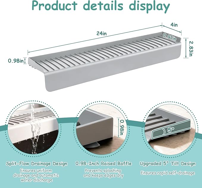 Silicone Sink Edge Protector Splash Guard, 24x4 Inch with Suction Cups & 5°Tilt, Cuttable for Kitchen Bathroom Countertops, Granite Quartz Surfaces (Gray)