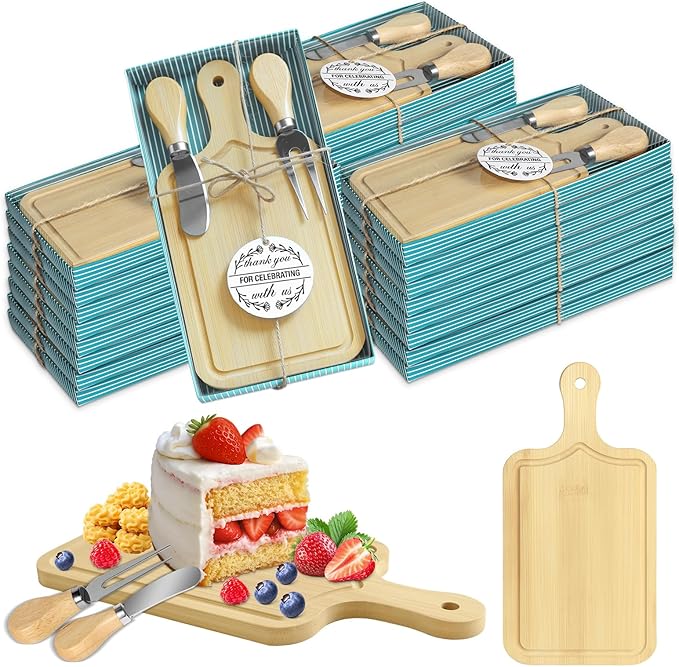 AZEAM 24 Sets Baby Bridal Shower Prizes for Game Winners, Bamboo Mini Cheese Board Set with Knife Fork and Present Box, Small Charcuterie Board Bulk for Party Wedding Guests Present