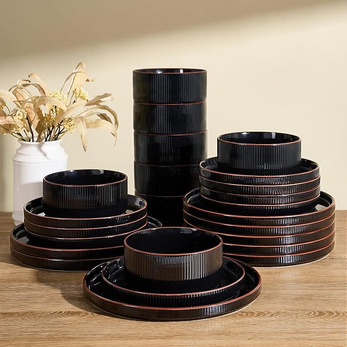 24-Piece Plates and Bowls Set, Porcelain Dinnerware Sets for 8 Service, Modern Dish Set with Rust-Red Rim, Chip and Scratch Resistant, Dishwasher & Microwave Safe, Black