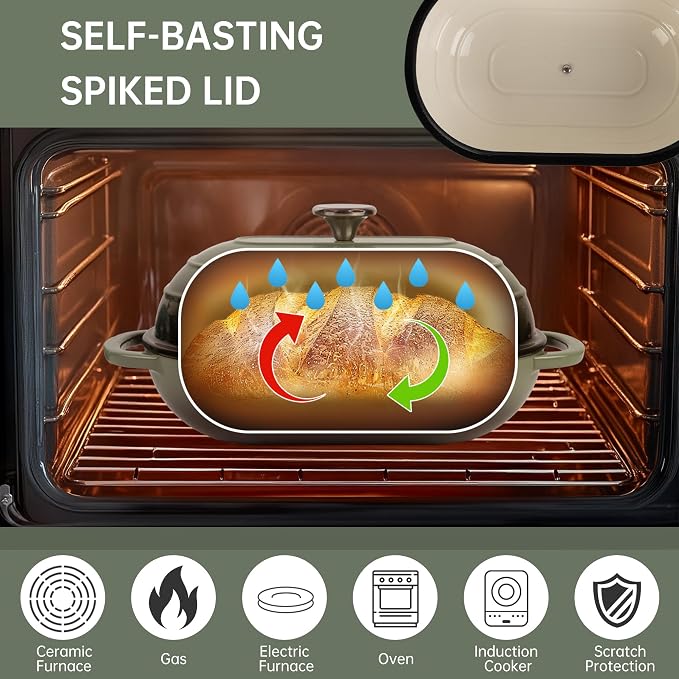 Premium Enameled Cast Iron Dutch Oven for Bread Baking | Non-Stick 5QT Oval Bread Oven with Lid | Perfect for Sourdough, Loaf, and Artisan Baking (Oval Green, 5 QT)