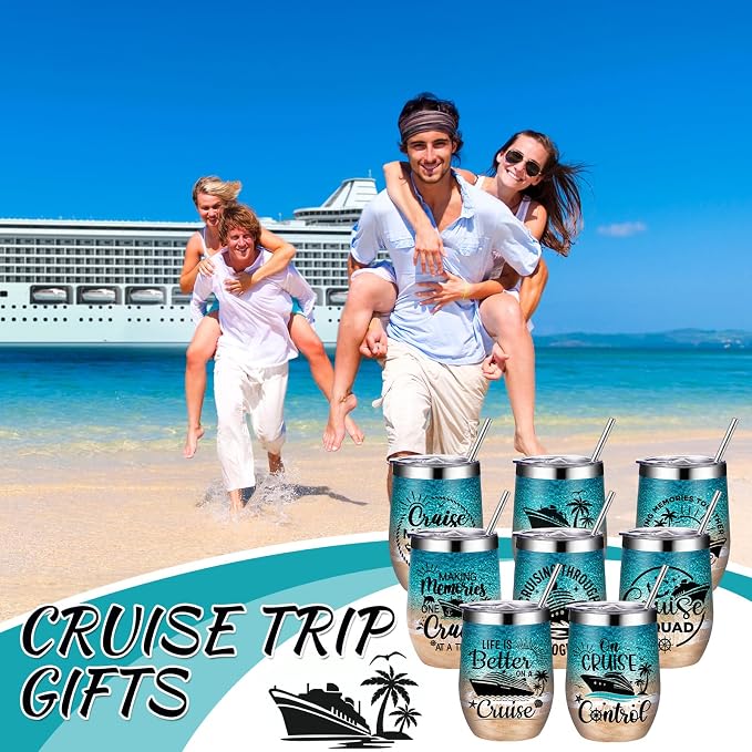 Sliner 8 Pcs Cruise Gifts Tumbler with Lid, 12oz Stainless Steel Cruise Mugs Insulated Cruising Ship Wine Glass Tumbler Travel Mugs for Women Men Weekend Trip Vacation Souvenir Gifts