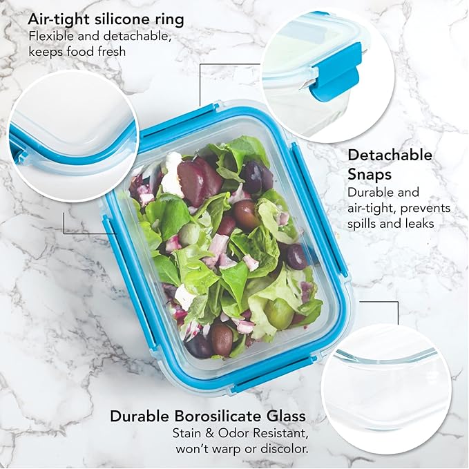 ECOBERI 4.5 Cup Glass Meal Prep Containers with Lids & Silicone Sleeves, 3-Pack Airtight, Leak-Resistant Food Storage Containers for Fridge, Freezer, Oven & Microwave