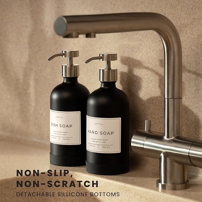 Hand and Dish Soap Dispenser for Kitchen and Bathroom, Set of 2 16 Oz Glass Bottles, Stainless Steel Pumps, Non-Slip Silicone Base, 27 Waterproof Labels (Matte Black Bottle/Brushed Silver Pump)