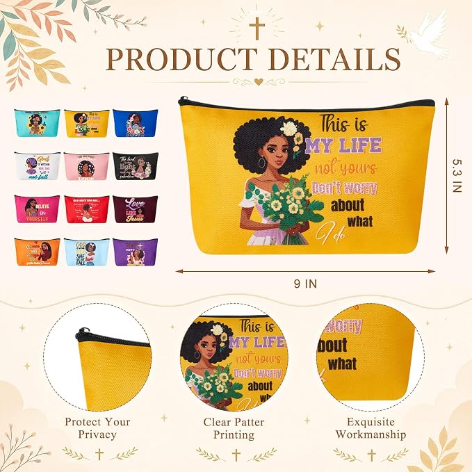 Hollowfly 12Set/48Pcs African Americans Black Women Christian Gifts Set Include 16oz African American Cup with Lid, Makeup Bags, Mirrors, Notepad, Black Owned Inspirational Gift for Women(Colorful)
