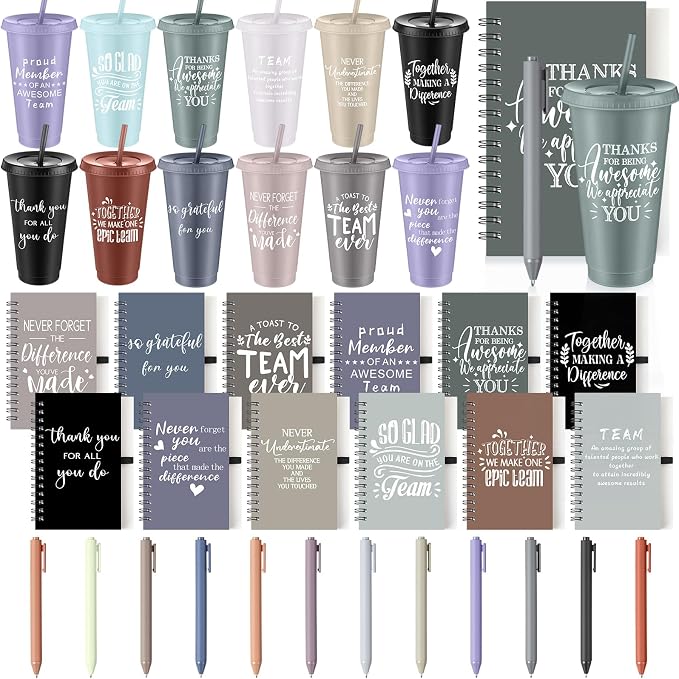 Shellwei 36 Pcs Employee Appreciation Gifts Bulk 24 oz Thank You Tumbler with Lid and Straw Mini Spiral Notebooks and Pens Appreciation Gifts for Team Employee Coworkers Teacher (Teamwork)
