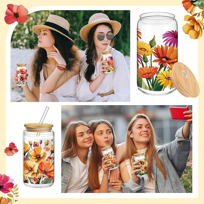 Mumufy 4 Pack Wildflower Glass Cups Gift Aesthetic Cute Glass Cup Tumbler Flower Iced Coffee Mugs 16 oz with Bamboo Lid & Straw, for Wedding Birthday Bridesmaid Mom Baby Shower