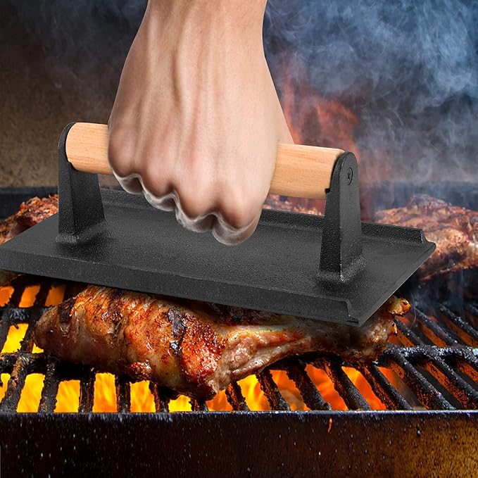 Leonyo 3Pcs Cast Iron Grill Press, Heavy Duty Bacon Press with Wood Handle, Pre-Seasoned Burger Smasher for Griddle Cooking, Meat, Burger, Bacon, Steak, Panini, Sandwich, Rectangle (8.2"X4.3")