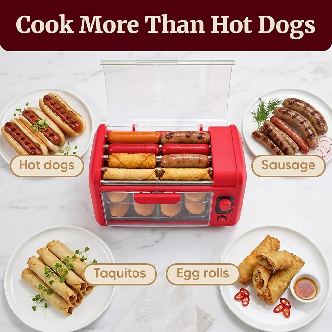 Elite Gourmet 8 Hot Dog Roller & Toaster Oven | 5 Stainless Steel Rollers, 30-Min Timer, Auto Shut-Off, 2 Warming Racks, Bun Warmer, Drip Pan | Cooks Brats, Sausages, Taquitos | Red