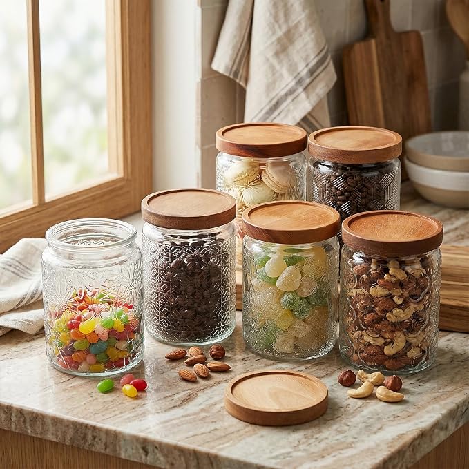 Sumind 6 Pcs Vintage Glass Jars with Wooden Lids 24 oz Airtight Glass Food Storage Containers Sets Clear Rustic Canisters Decorative Storage Jars for Spice Coffee Tea Candy Cereal Flour (Floral)